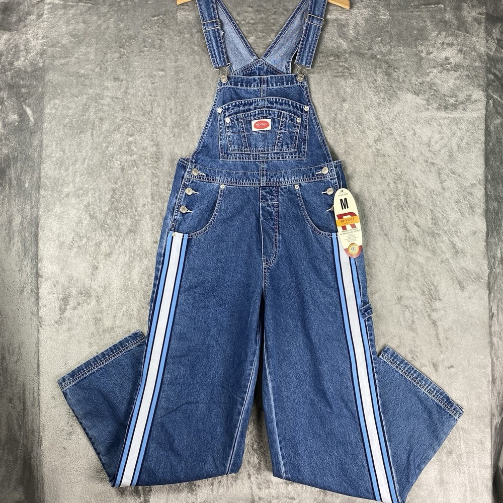 Vintage Y2K Revolt Bib Overalls Womens Sz M Blue Denim Side Stripe Carpenter NWT